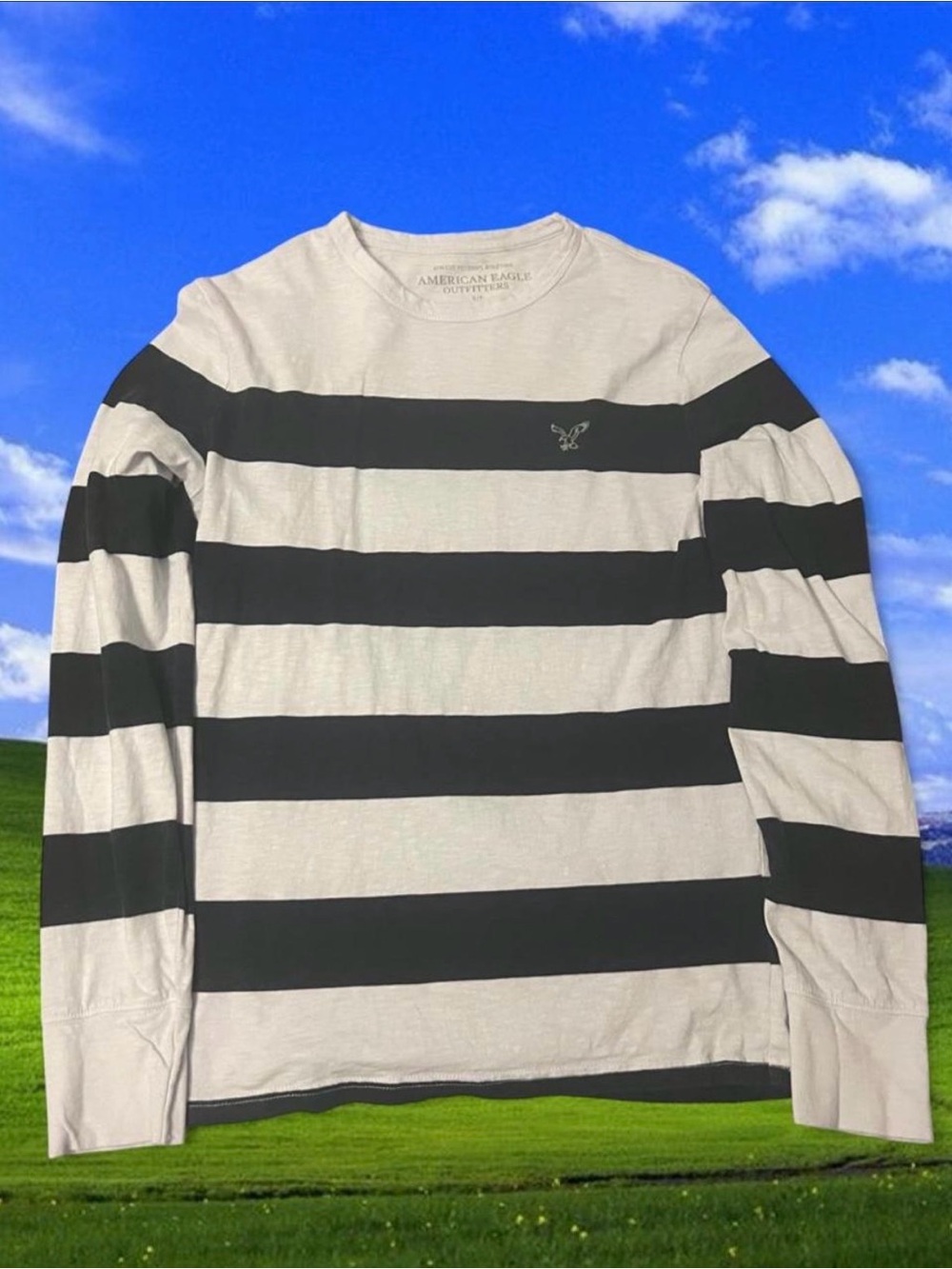 American Eagle Outfitters Men’s Black and Cream Stripe Long Sleeve Shirt